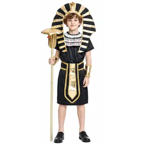 Detailed view of the kids Egyptian pharaoh costume, featuring golden headdress and scepter prop.