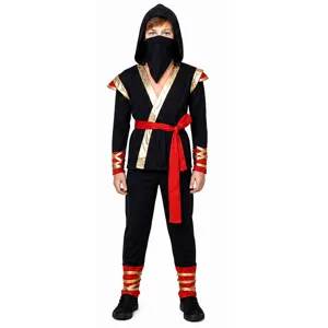 Detailed view of the kids ninja costume featuring black fabric, gold trims and red sash.