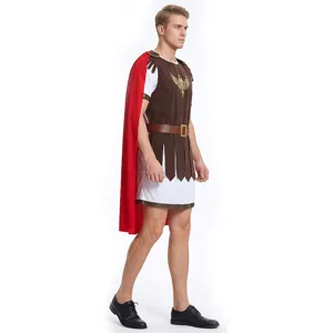 Roman warrior costume detail showcasing brown faux leather armor tunic, red cape, and belt.
