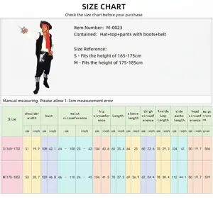Guide des tailles de costume pirate adulte, avec chapeau, haut, pantalon, bottes et ceinture.