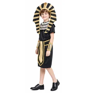 Close-up of the ancient Egyptian pharaoh costume details, featuring gold striped headdress.
