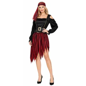 Détails du ensemble costume de pirate pour femme avec jupe rayée et haut assorti.