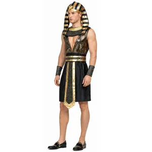 Détail du costume de pharaon égyptien pour hommes, tenue de cosplay Halloween noir et or.