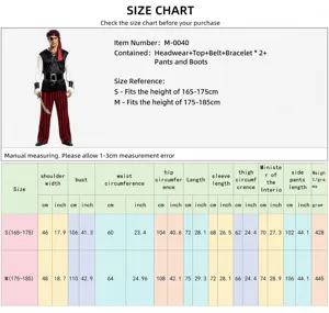 Tableau des tailles de costume de pirate adulte avec mesures détaillées de poitrine et longueur.