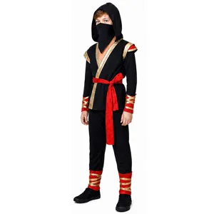 Kids ninja costume detail view, black and gold samurai outfit for Halloween party cosplay.