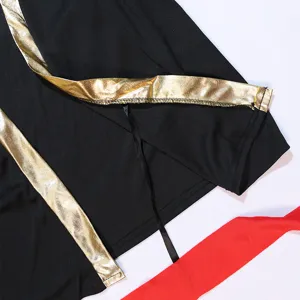 Kids ninja costume detail view, showing black fabric and gold trim craftsmanship. Perfect for Halloween.