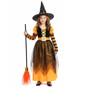 Kids Halloween Witch Cosplay Costume Orange And Black Long Dress With Hat Broom Girls Party Outfit Festival Apparel