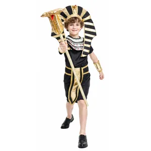 Kids Egyptian Pharaoh costume details, showing the ornate headdress and gold scepter prop.