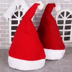 Thickened plush Christmas hats for adults and kids, soft red velvet holiday party headwear.