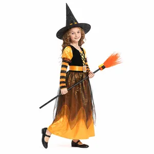 Kids Halloween witch costume set featuring an orange black dress, pointed hat and cute broom.