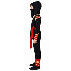 Kids ninja costume detail view, featuring black hooded top, red sash, and gold accents.