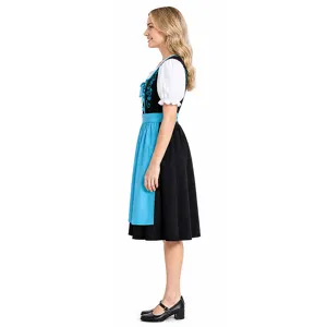 Detail view of a traditional blue German Oktoberfest dirndl dress costume with white blouse and apron.