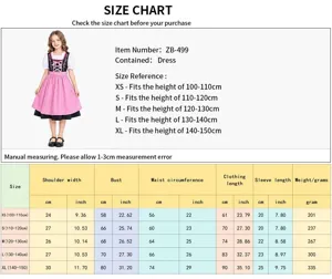 Tableau des tailles de costume dirndl Oktoberfest pour enfants et détails de robe de fête.