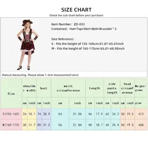 Tableau des tailles de costume de pirate adulte pour Halloween avec mesures détaillées.
