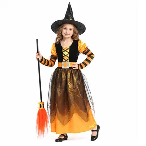 Detailed view of kids Halloween witch costume featuring striped sleeves and layered skirt design.