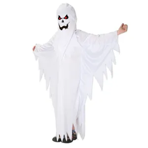 Costume da fantasma bianco di Halloween per bambini con bordi sfrangiati e occhi rossi per feste cosplay.