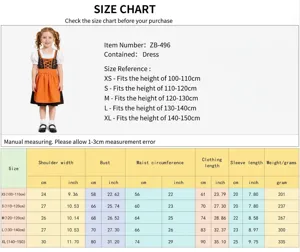 Tableau des tailles costume Oktoberfest enfant, robe traditionnelle bavaroise avec mesures.