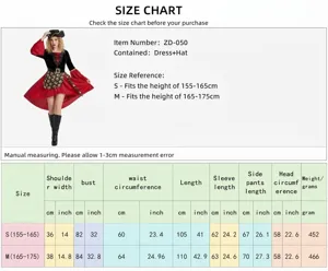 Tableau des tailles de costume de pirate adulte pour Halloween avec mesures détaillées robe et chapeau.