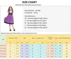 Tableau des tailles du costume de Dirndl d'Oktoberfest pour enfants et fillettes.