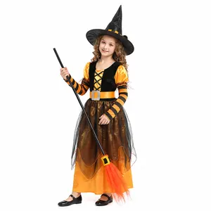 Kids Halloween Witch Costume Dress Set with Hat and Broom for Girls Party Cosplay Outfit