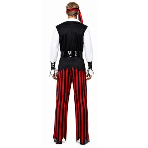 Detalles de la espalda del disfraz de pirata para adultos con pantalón a rayas y chaleco.