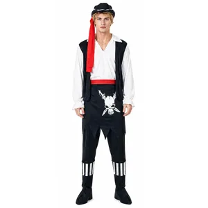 Déguisement de pirate Halloween pour adulte avec chemise, gilet, pantalon et chapeau.