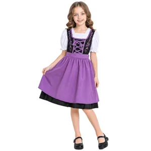 Kids Oktoberfest dirndl dress detail view showing purple skirt and embroidered black bodice.