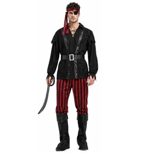 Déguisement de pirate adulte pour Halloween, tenue cosplay de capitaine des Caraïbes rayé.