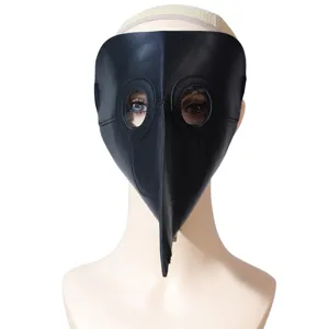 Detailed view of the black leather plague doctor bird beak mask for cosplay and parties.