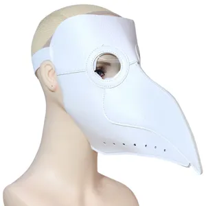 Plague doctor mask detail view, white leather bird beak cosplay prop for Halloween events.
