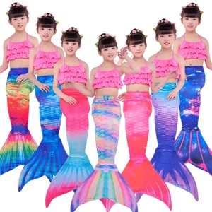 Kids mermaid swimsuit set, ruffles bikini top and colorful fish tail skirt for girls.