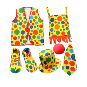 Detailed view of colorful polka dot clown costume accessories set, vest, hat, shoes and tie.