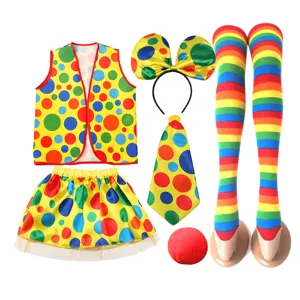 Kids Halloween clown costume set including polka dot vest skirt bow tie and rainbow socks for party
