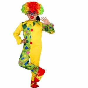 Kinder Clown Kostüm Set mit bunter Perücke und gepunktetem Jumpsuit für Auftritte.