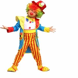 Kinder Clown Kostüm Set mit bunten Jacke Jumpsuit Fliege und Hut für Auftritte Partys.