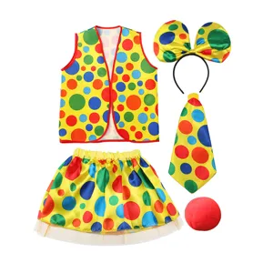 Children Halloween clown costume set with colorful polka dot vest skirt headband tie and red nose