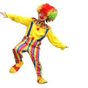 Kinder Clown Kostüm Jumpsuit mit bunter Perücke, Größe M bis XXL für Party und Auftritt.