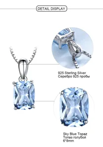 Stunning 925 sterling silver rectangular sky blue topaz pendant necklace detail display.
