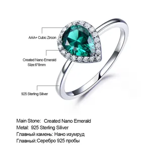 Eleganter 925 Sterling Silber Tropfen Nano Smaragd Ring mit Zirkonia Halo Fassung.