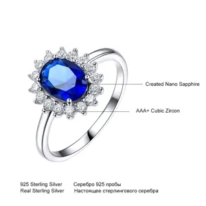 S925 Sterling Silber Blauen Nano Saphir Ring mit Glänzenden Zirkonia Steinen Damen Schmuck.