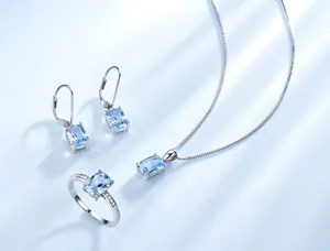 925 Silber hellblau Topas Edelstein Halskette Ohrringe Ring Schmuck Set Detailansicht