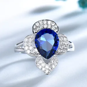 Minimalist Silver Blue Sapphire Rhinestone Flower Ring Electroplated Open Finger Band Gift For Women Fashion Jewelry