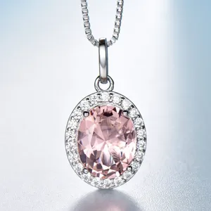 Elegante 925 Silber Halskette mit ovalem rosa Morganit Anhänger und funkelnden Zirkonia Steinen.