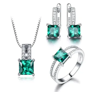925 Silber Quadratisch Grün Edelstein Schmuck Set Kette Ohrringe Ring 3-Teilig