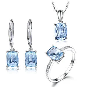 Elegantes 925 Silber hellblau Edelstein Schmuckset mit Kette, Ohrringen und Ring.