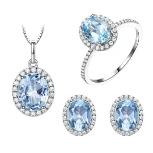 Elegantes S925 Sterling Silber hellblaues Topas Halskette Ring und Ohrringe Schmuckset