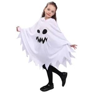 Halloween ghost cape detail view, white hooded design with spooky black face pattern.