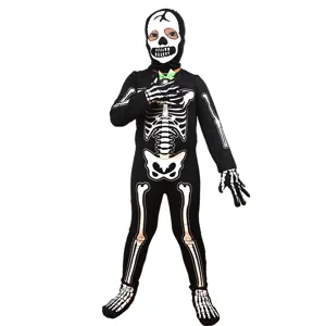 Costume da scheletro nero per bambini per festa cosplay di Halloween, tuta stampata con ossa.