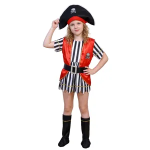 Kids Halloween Pirate Costume Girls Caribbean Pirate Cosplay Outfit Dress Hat Belt Party Role Play Apparel