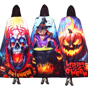 Halloween hooded cloak costume featuring vibrant skull witch and pumpkin prints for party.